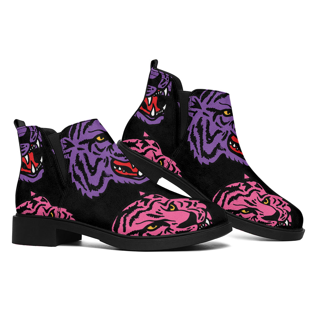 Colorful Tiger Head Pattern Print Flat Ankle Boots