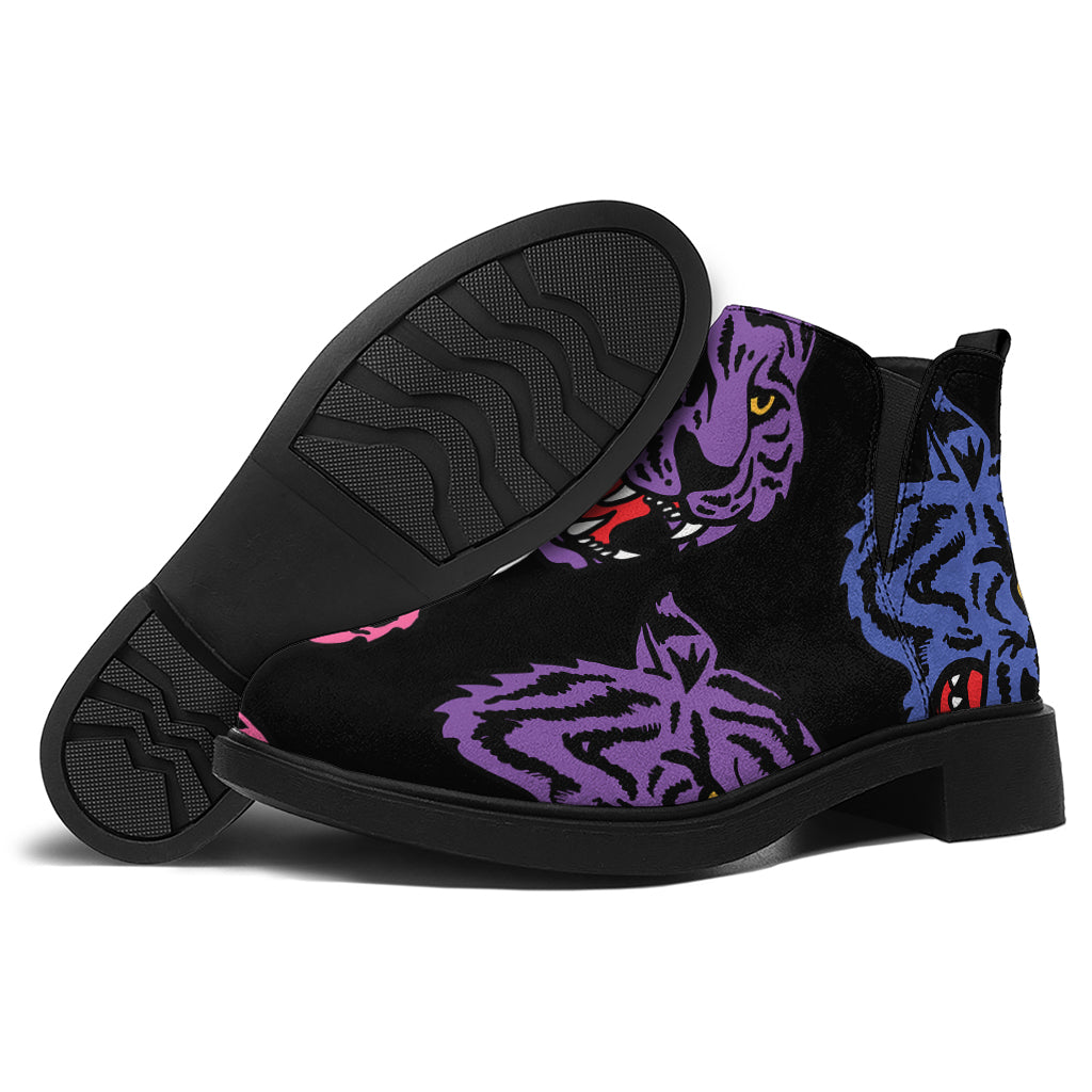 Colorful Tiger Head Pattern Print Flat Ankle Boots