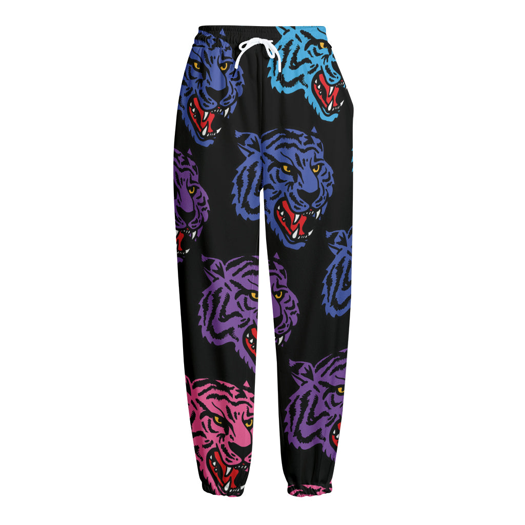 Colorful Tiger Head Pattern Print Fleece Lined Knit Pants