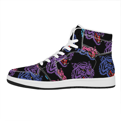 Colorful Tiger Head Pattern Print High Top Leather Sneakers