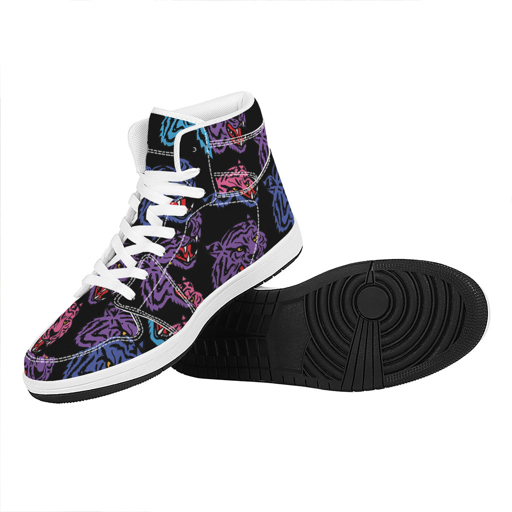 Colorful Tiger Head Pattern Print High Top Leather Sneakers