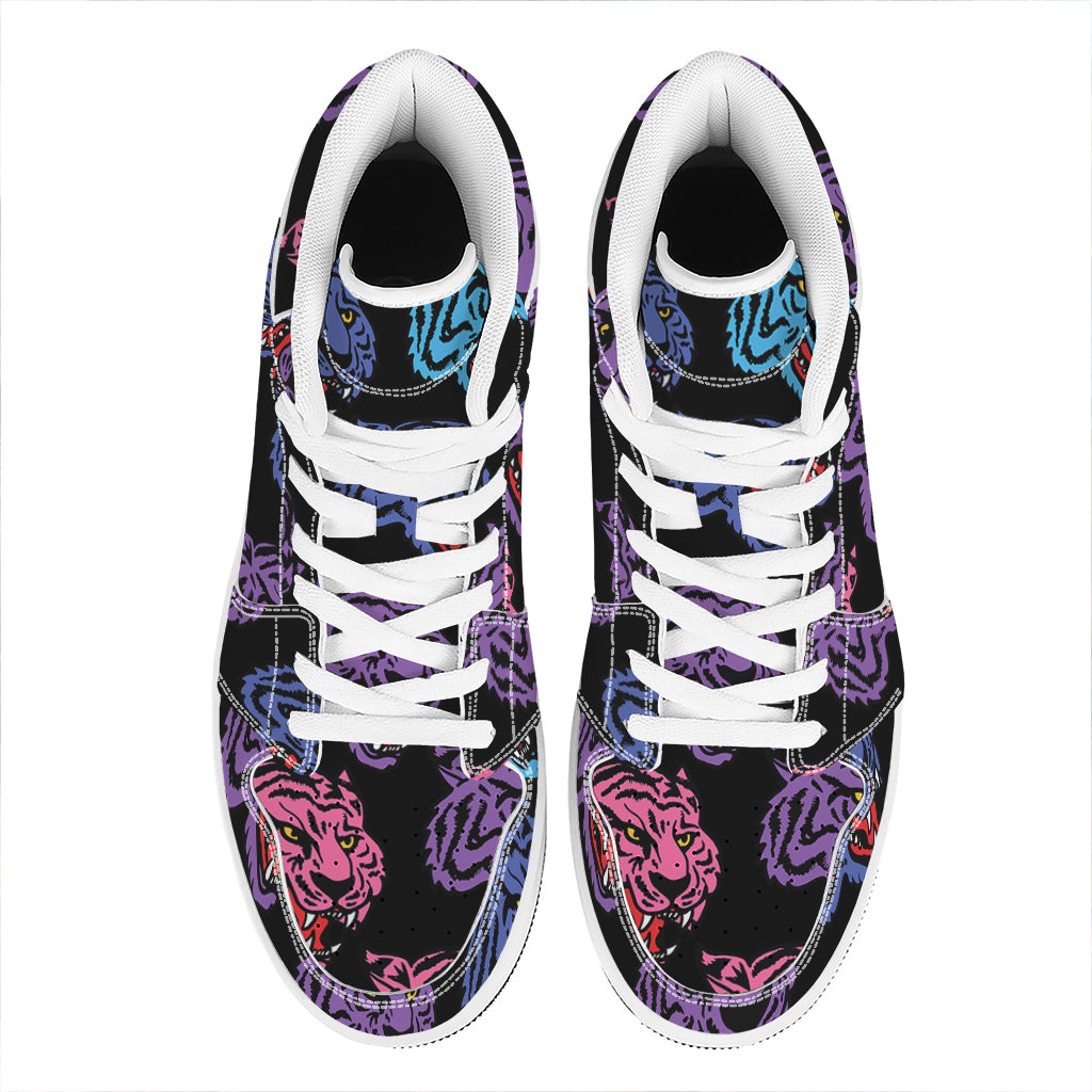 Colorful Tiger Head Pattern Print High Top Leather Sneakers