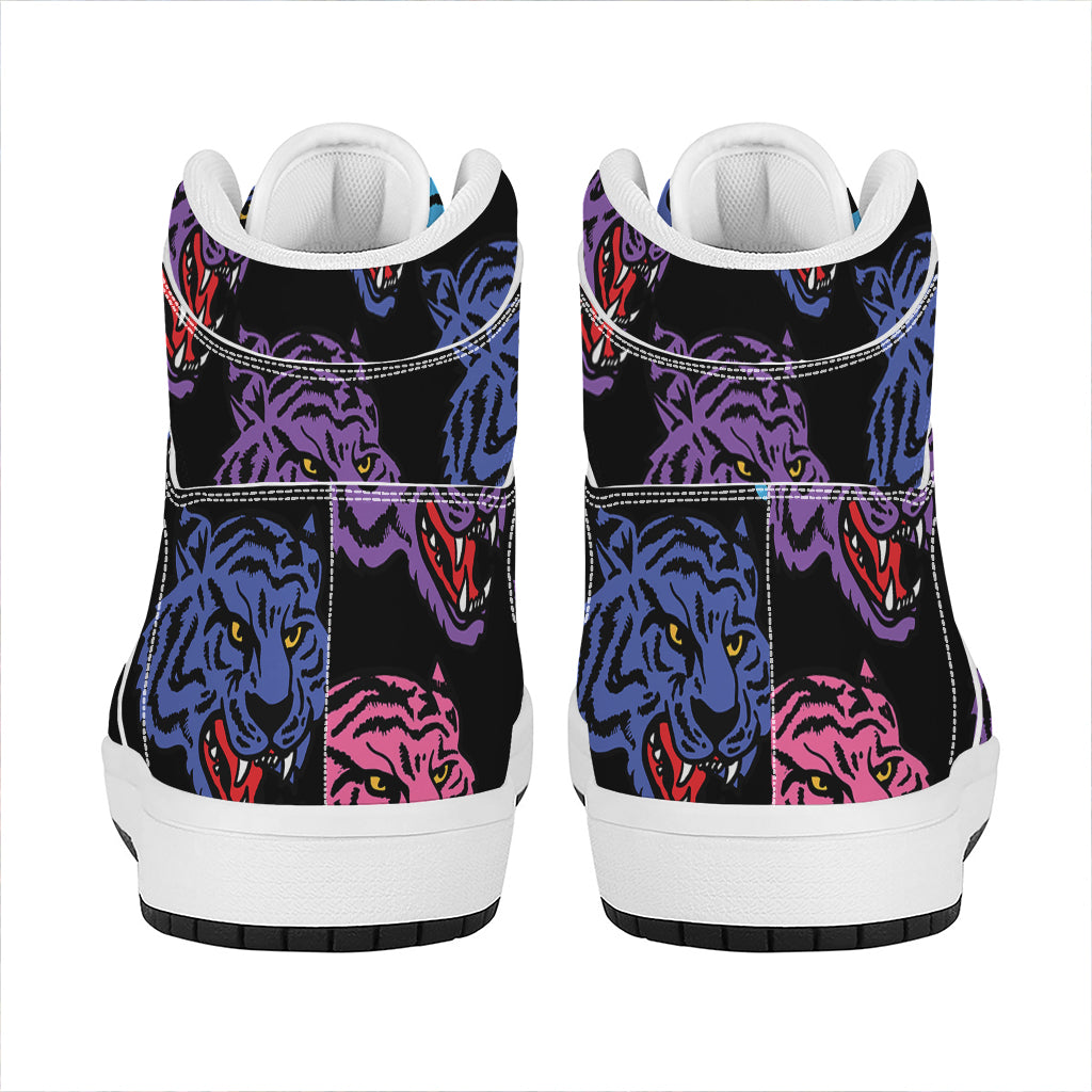 Colorful Tiger Head Pattern Print High Top Leather Sneakers