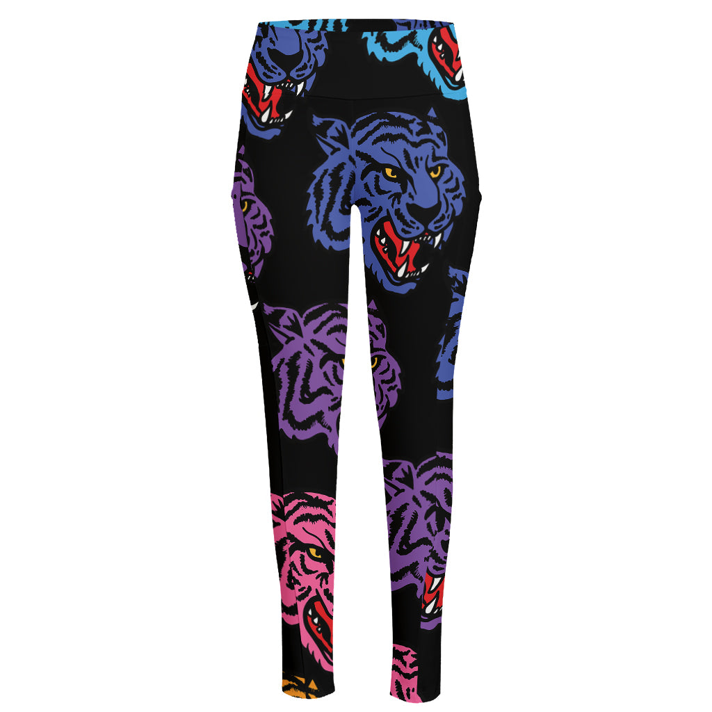 Colorful Tiger Head Pattern Print High-Waisted Pocket Leggings