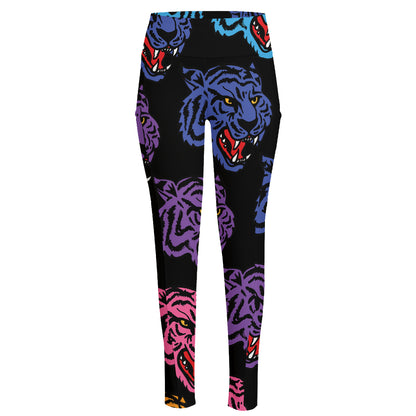 Colorful Tiger Head Pattern Print High-Waisted Pocket Leggings