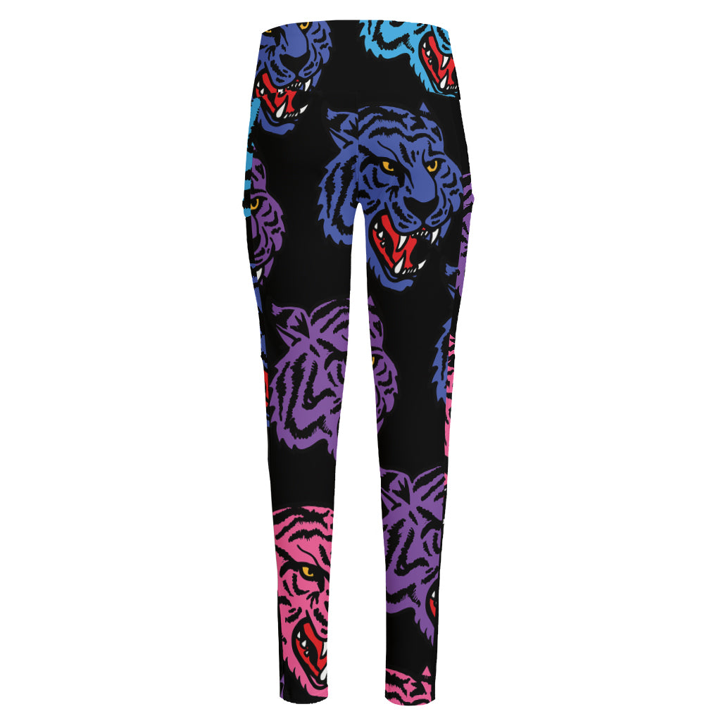 Colorful Tiger Head Pattern Print High-Waisted Pocket Leggings