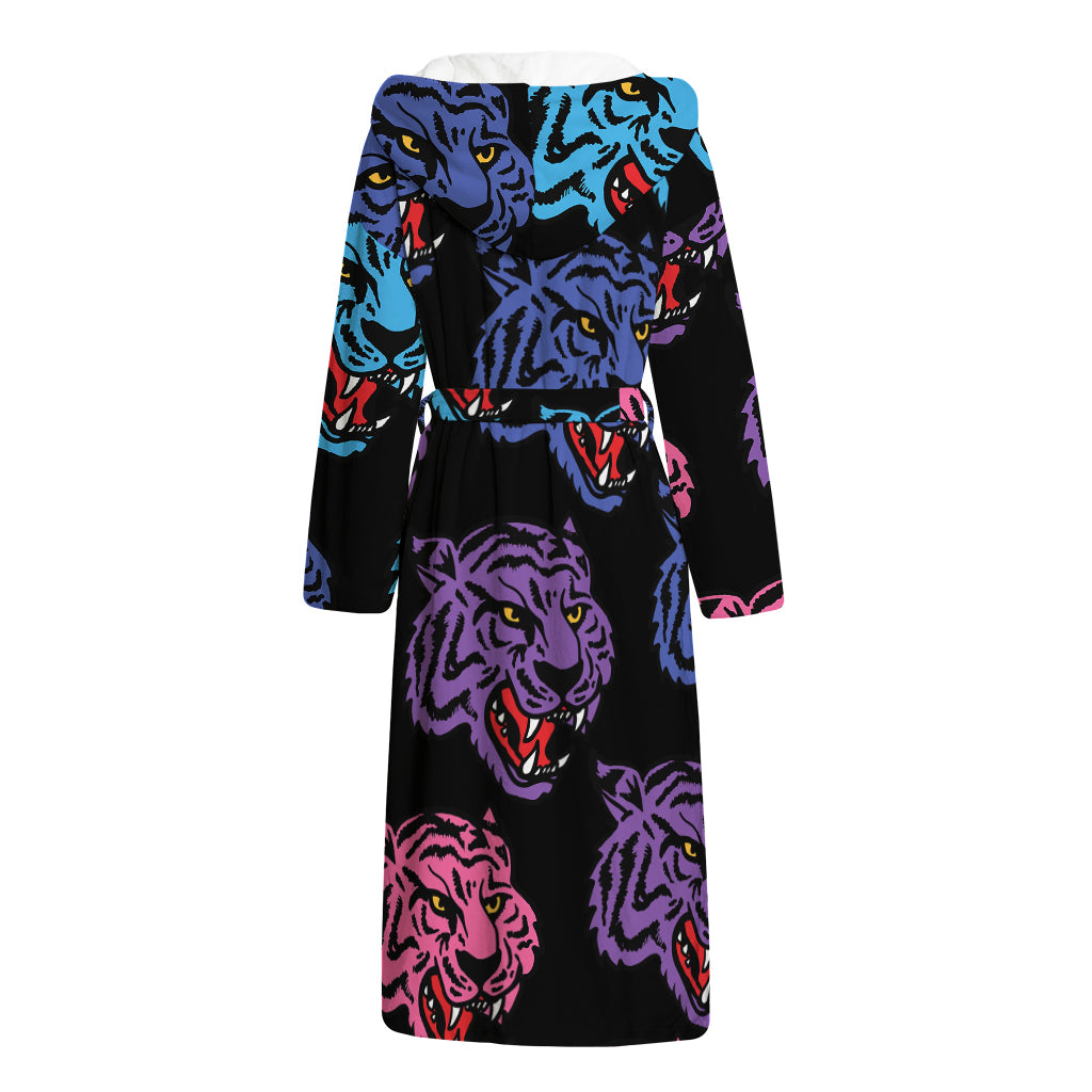 Colorful Tiger Head Pattern Print Hooded Bathrobe