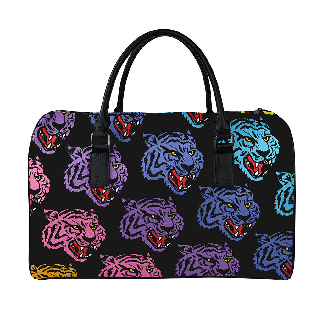 Colorful Tiger Head Pattern Print Leather Duffle Bag