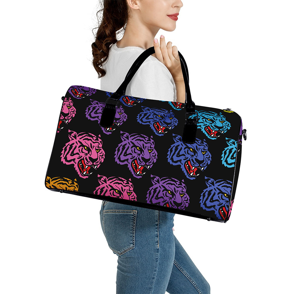 Colorful Tiger Head Pattern Print Leather Duffle Bag