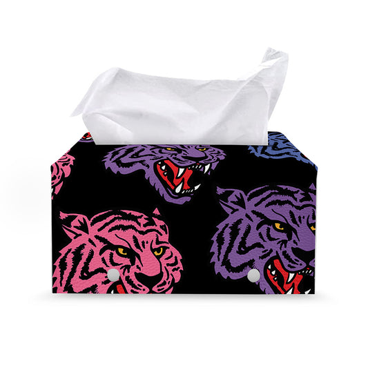 Colorful Tiger Head Pattern Print Leather Tissue Box Cover