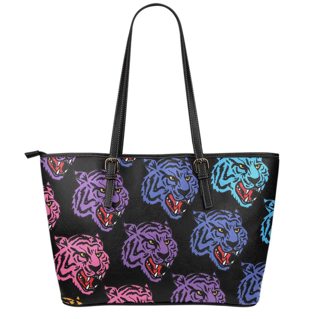 Colorful Tiger Head Pattern Print Leather Tote Bag