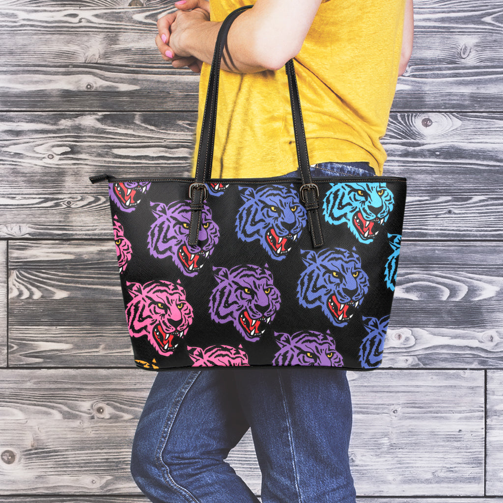 Colorful Tiger Head Pattern Print Leather Tote Bag