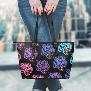 Colorful Tiger Head Pattern Print Leather Tote Bag