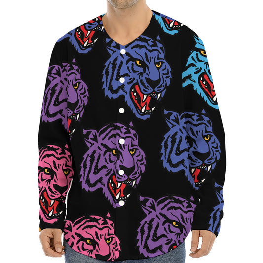Colorful Tiger Head Pattern Print Long Sleeve Baseball Jersey