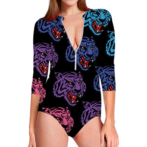 Colorful Tiger Head Pattern Print Long Sleeve Swimsuit