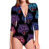 Colorful Tiger Head Pattern Print Long Sleeve Swimsuit