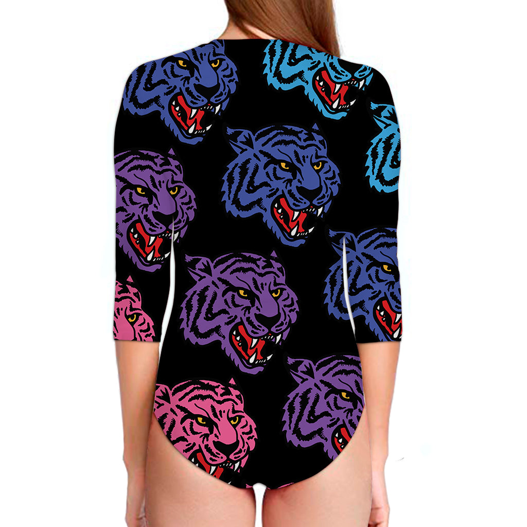 Colorful Tiger Head Pattern Print Long Sleeve Swimsuit