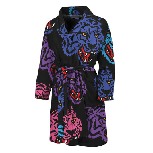 Colorful Tiger Head Pattern Print Men's Bathrobe