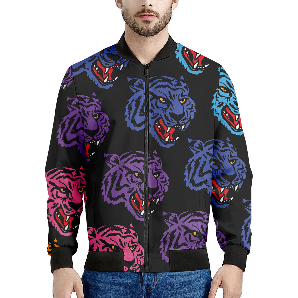 Colorful Tiger Head Pattern Print Men's Bomber Jacket