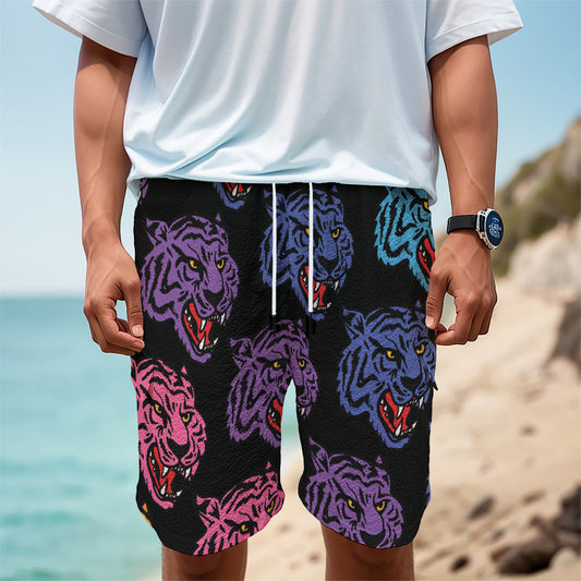 Colorful Tiger Head Pattern Print Men's Cargo Shorts