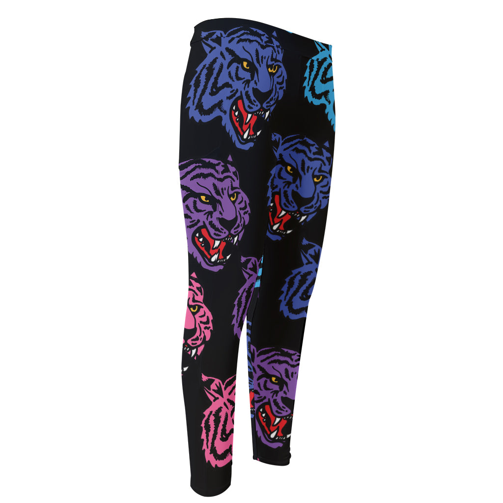 Colorful Tiger Head Pattern Print Men's Compression Pants
