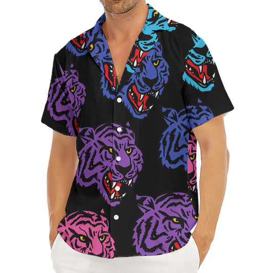 Colorful Tiger Head Pattern Print Men's Deep V-Neck Shirt