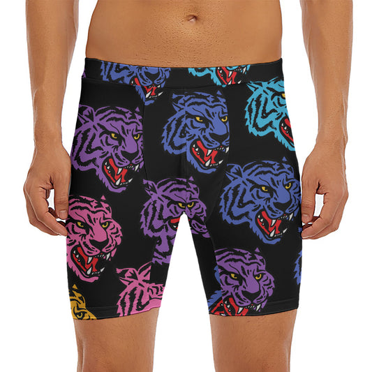 Colorful Tiger Head Pattern Print Men's Long Boxer Briefs