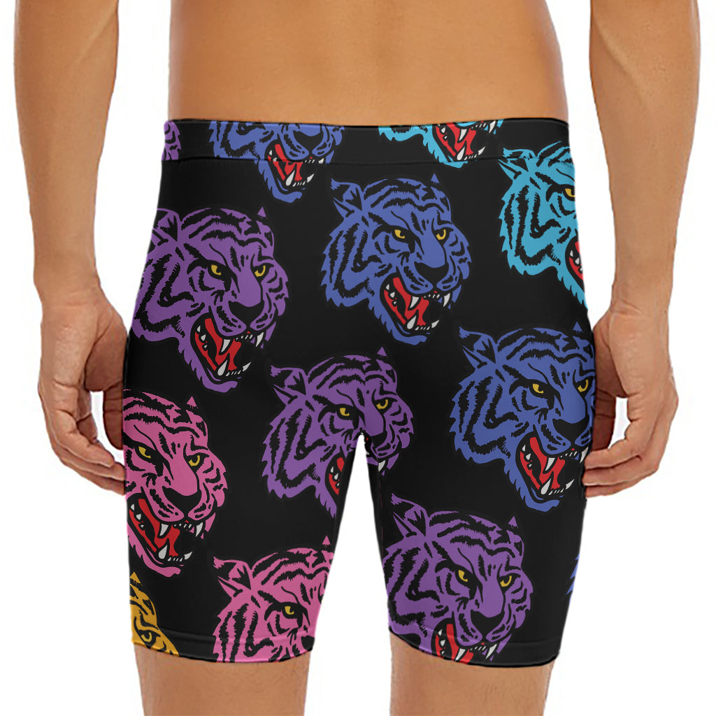 Colorful Tiger Head Pattern Print Men's Long Boxer Briefs