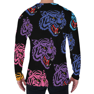 Colorful Tiger Head Pattern Print Men's Long Sleeve T-Shirt