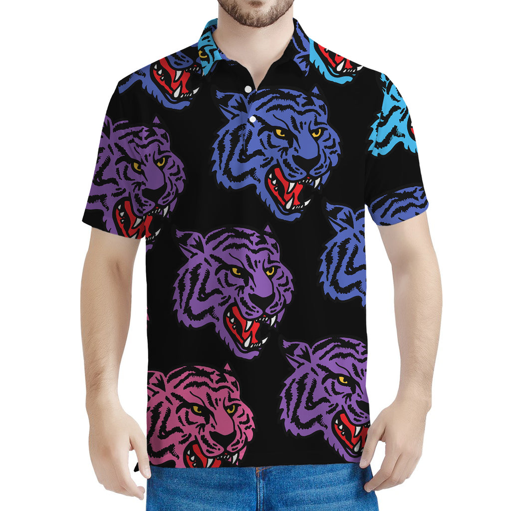 Colorful Tiger Head Pattern Print Men's Polo Shirt