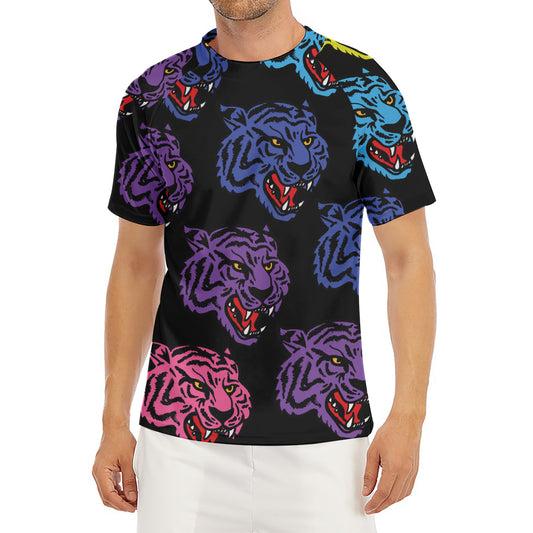 Colorful Tiger Head Pattern Print Men's Short Sleeve Rash Guard