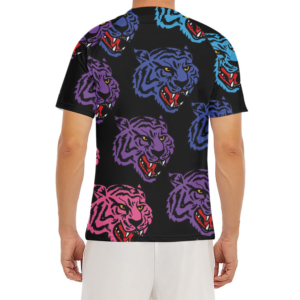 Colorful Tiger Head Pattern Print Men's Short Sleeve Rash Guard