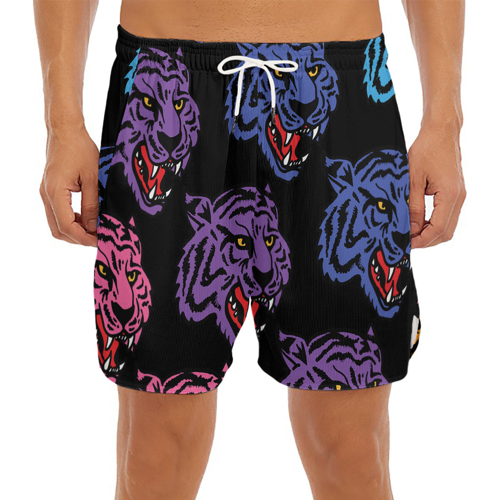Colorful Tiger Head Pattern Print Men's Split Running Shorts