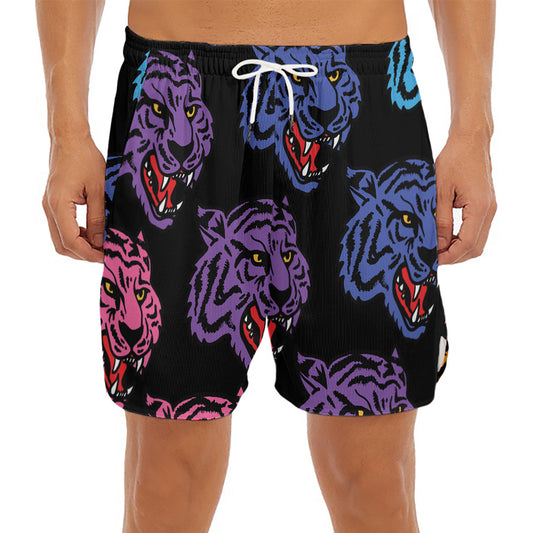 Colorful Tiger Head Pattern Print Men's Split Running Shorts