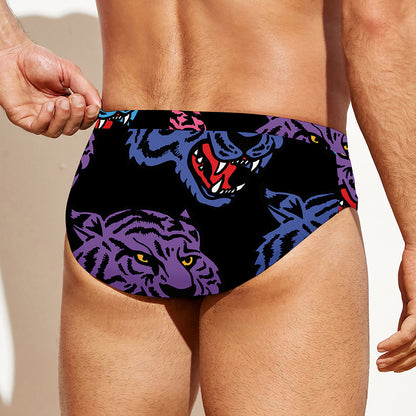 Colorful Tiger Head Pattern Print Men's Swim Briefs