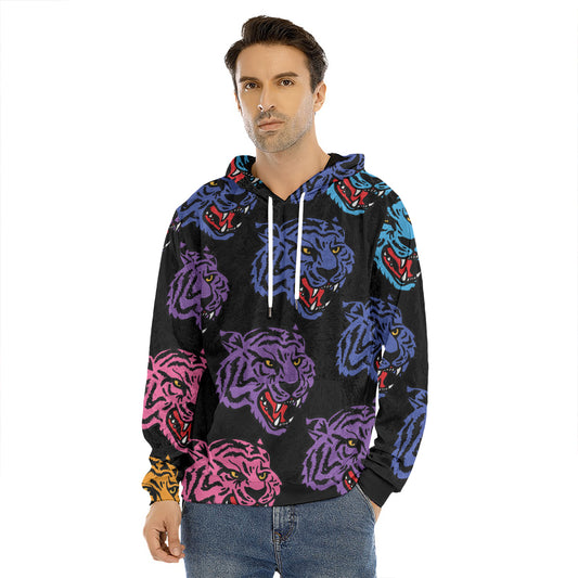 Colorful Tiger Head Pattern Print Men's Velvet Pullover Hoodie