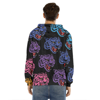 Colorful Tiger Head Pattern Print Men's Velvet Pullover Hoodie