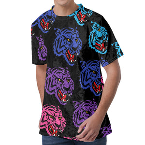 Colorful Tiger Head Pattern Print Men's Velvet T-Shirt