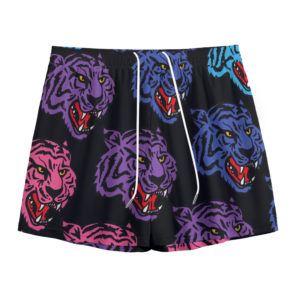 Colorful Tiger Head Pattern Print Mesh Shorts