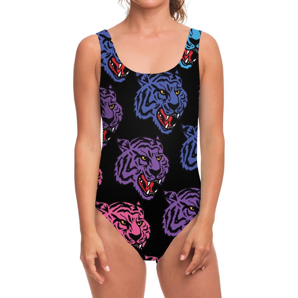 Colorful Tiger Head Pattern Print One Piece Swimsuit