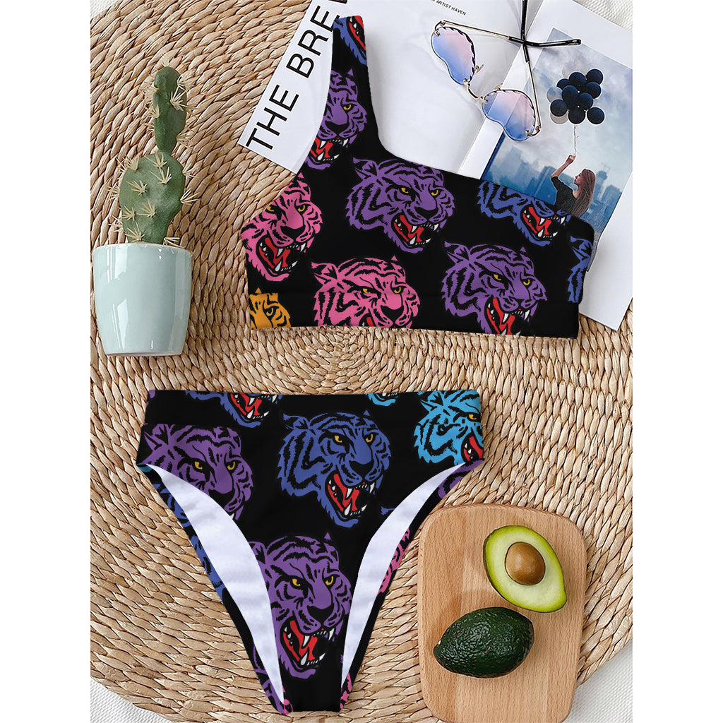 Colorful Tiger Head Pattern Print One Shoulder Bikini Top