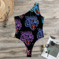 Colorful Tiger Head Pattern Print One Shoulder Bodysuit