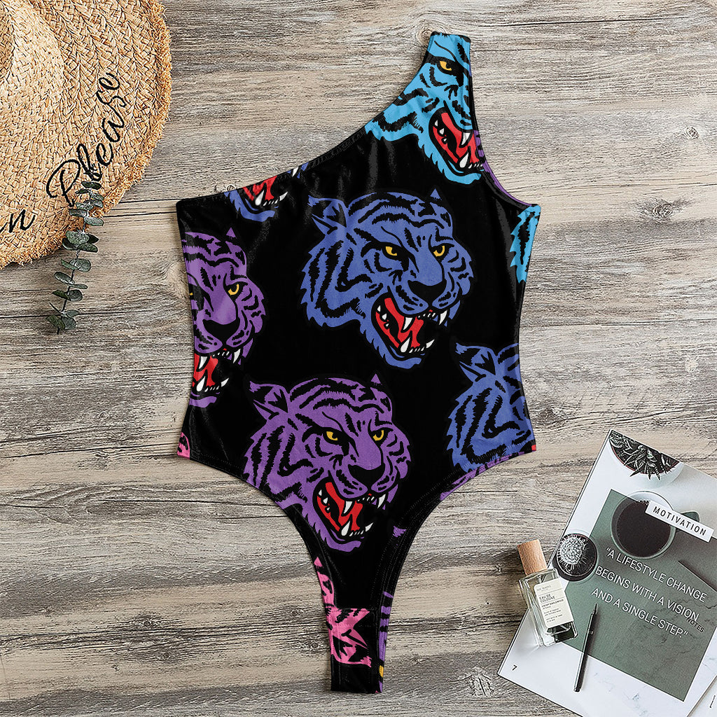 Colorful Tiger Head Pattern Print One Shoulder Bodysuit