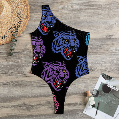 Colorful Tiger Head Pattern Print One Shoulder Bodysuit