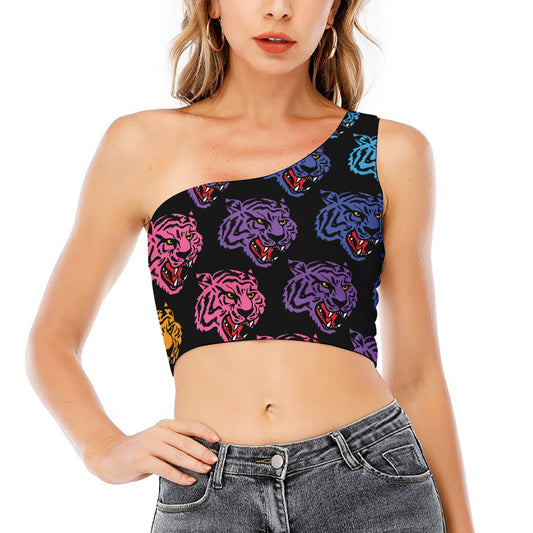 Colorful Tiger Head Pattern Print One Shoulder Crop Top