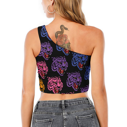 Colorful Tiger Head Pattern Print One Shoulder Crop Top