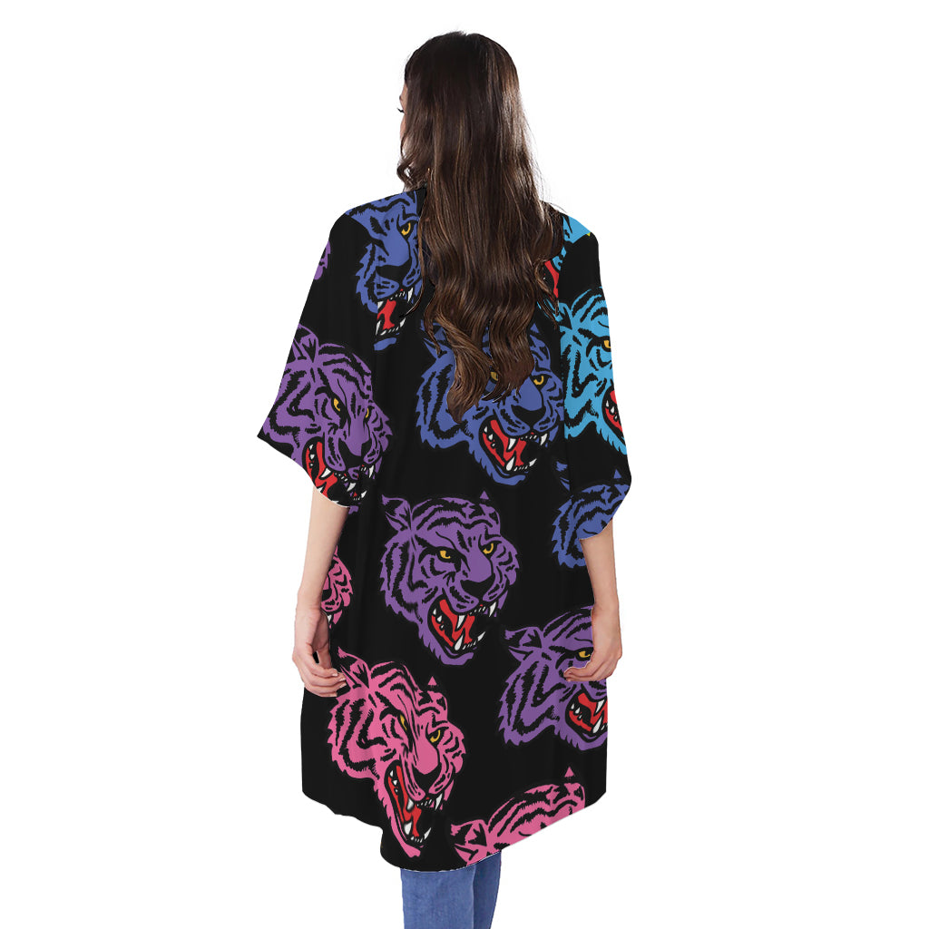 Colorful Tiger Head Pattern Print Open Front Beach Cover Up