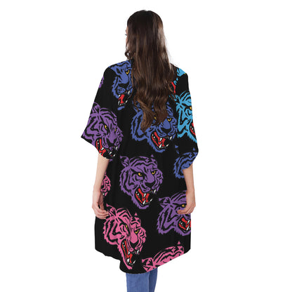Colorful Tiger Head Pattern Print Open Front Beach Cover Up