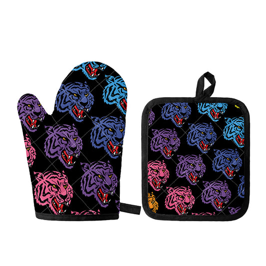 Colorful Tiger Head Pattern Print Oven Mitt And Pot Holder Set