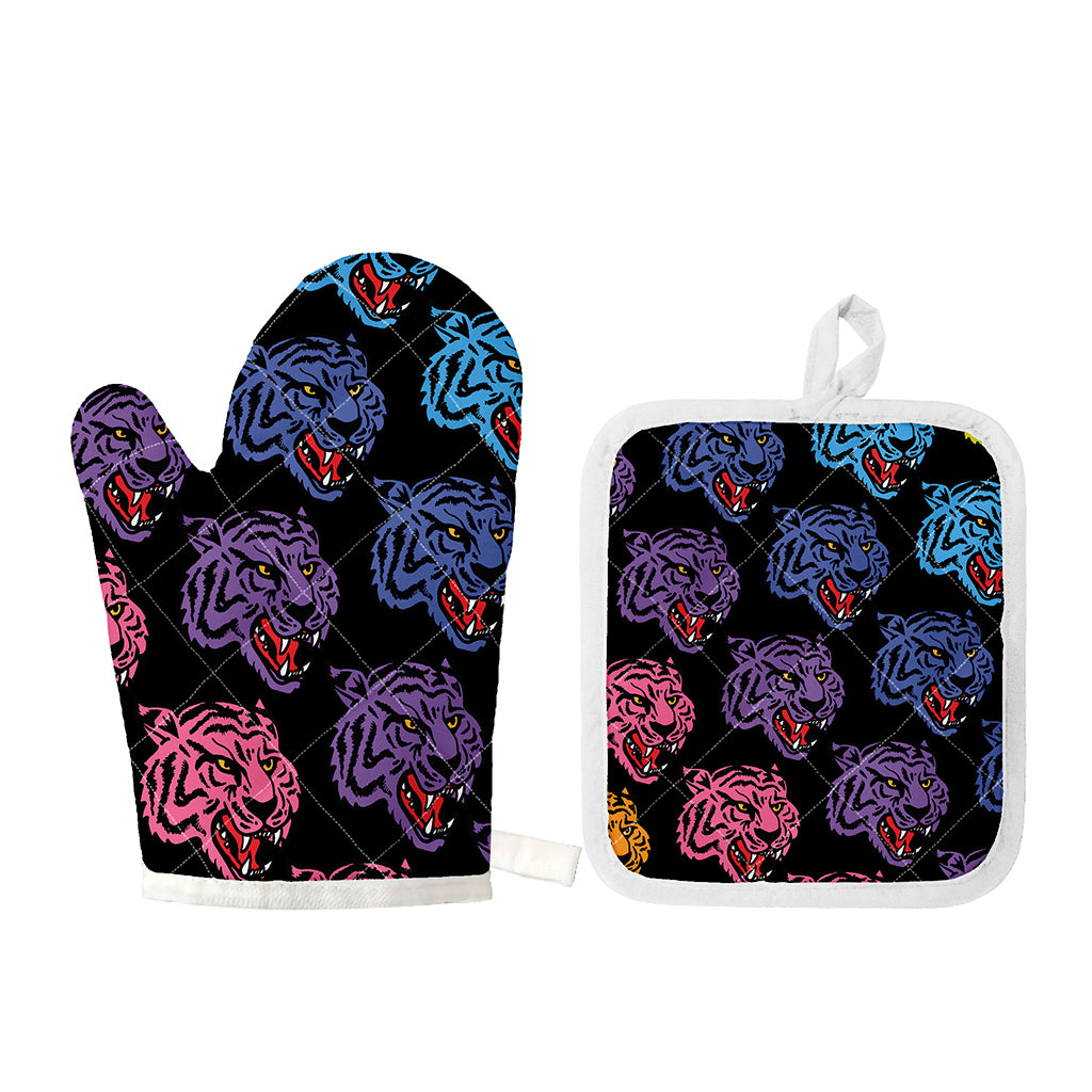 Colorful Tiger Head Pattern Print Oven Mitt And Pot Holder Set